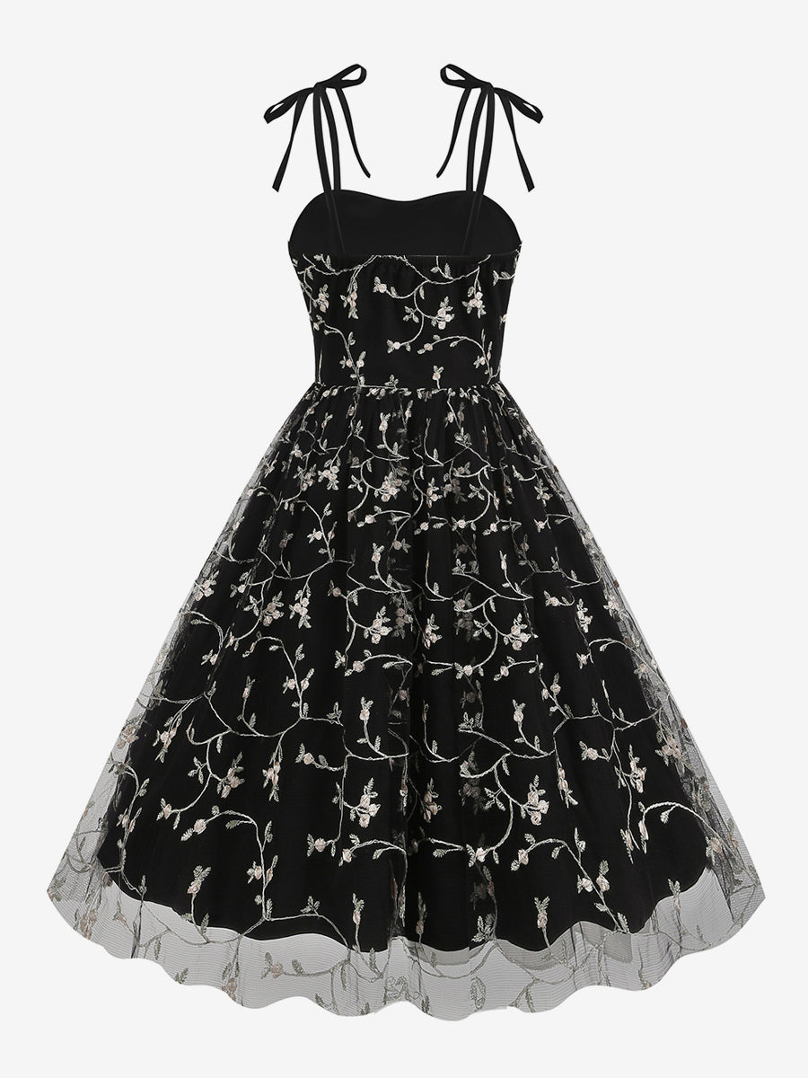 Vintage 1950s Floral Prom Dress For Women - Embroidery Mesh Tie-Shoulder A-Line Swing Midi Dress - Summer Cocktail 2026
