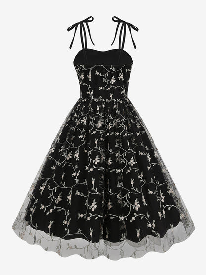 Vintage 1950s Floral Prom Dress For Women - Embroidery Mesh Tie-Shoulder A-Line Swing Midi Dress - Summer Cocktail 2026