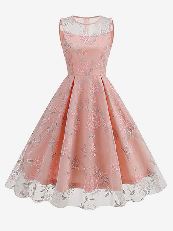 Vintage 1950s Floral Midi Dress For Women - Embroidery Mesh Illusion Neck A-Line Swing Prom Dress - Summer Cocktail 2026