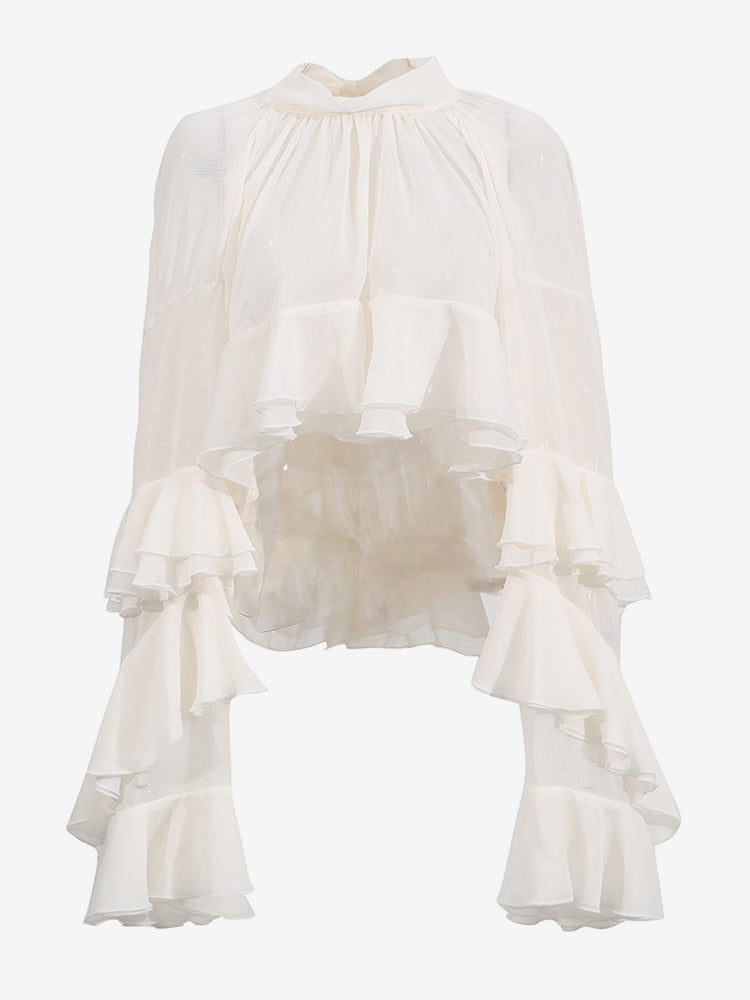 Victorian Ruffle Blouse For Women - Fairycore Mock Neck Tiered Flare Sleeve Sheer Top - Spring Date Night Party 2026