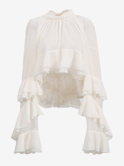 Victorian Ruffle Blouse For Women - Fairycore Mock Neck Tiered Flare Sleeve Sheer Top - Spring Date Night Party 2026