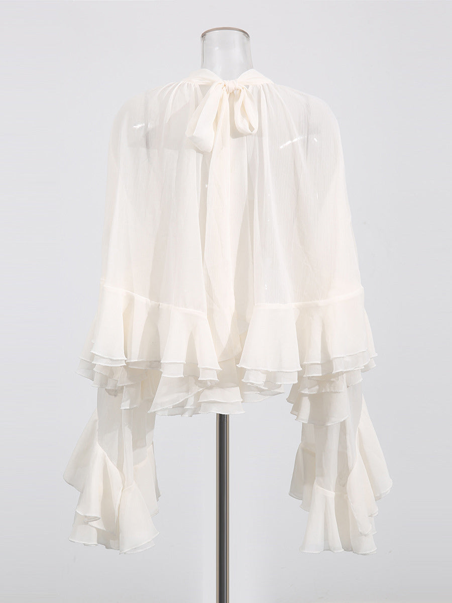 Victorian Ruffle Blouse For Women - Fairycore Mock Neck Tiered Flare Sleeve Sheer Top - Spring Date Night Party 2026