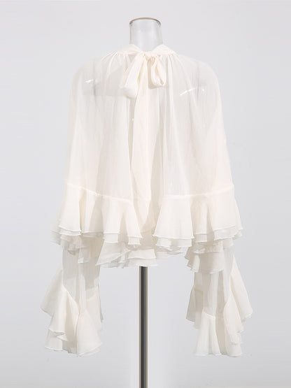 Victorian Ruffle Blouse For Women - Fairycore Mock Neck Tiered Flare Sleeve Sheer Top - Spring Date Night Party 2026