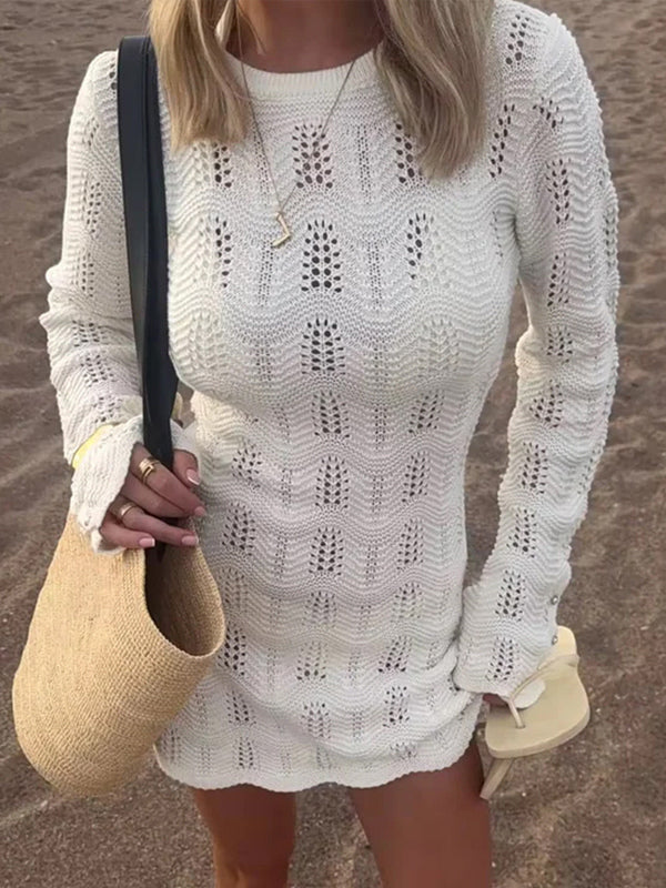 Crochet Knit Beach Mini Dress For Women - White Hollow Out Long Sleeve Pointelle Bodycon Cover Up - Summer Beach Vacation 2026