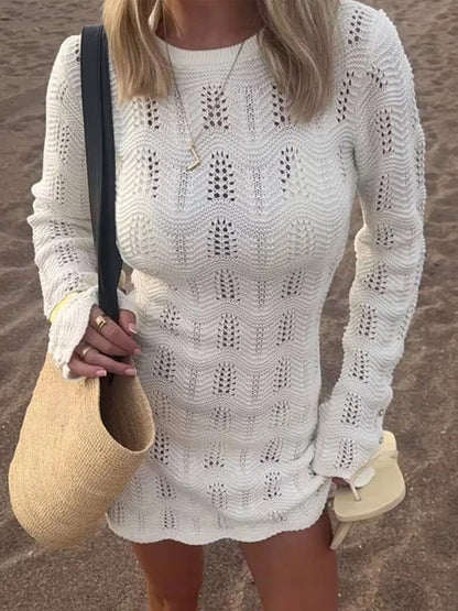 Crochet Knit Beach Mini Dress For Women - White Hollow Out Long Sleeve Pointelle Bodycon Cover Up - Summer Beach Vacation 2026