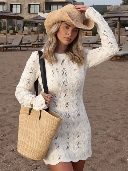 Crochet Knit Beach Mini Dress For Women - White Hollow Out Long Sleeve Pointelle Bodycon Cover Up - Summer Beach Vacation 2026