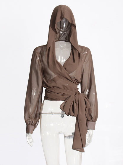 Sheer Hooded Chiffon Blouses For Women - Brown Sexy V Neck Lantern Sleeve Wrap Tops - Summer Rave Party 2026
