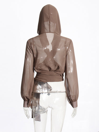 Sheer Hooded Chiffon Blouses For Women - Brown Sexy V Neck Lantern Sleeve Wrap Tops - Summer Rave Party 2026