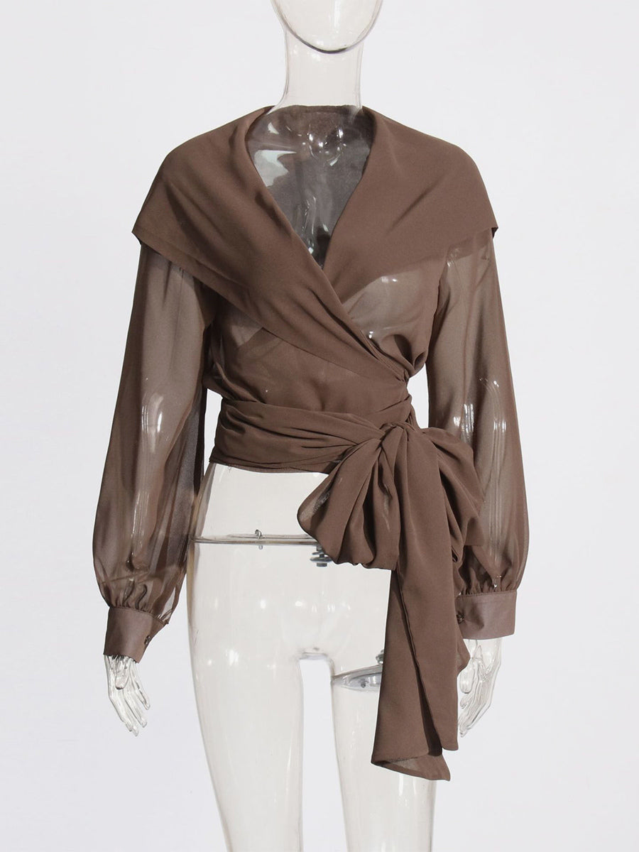 Sheer Hooded Chiffon Blouses For Women - Brown Sexy V Neck Lantern Sleeve Wrap Tops - Summer Rave Party 2026