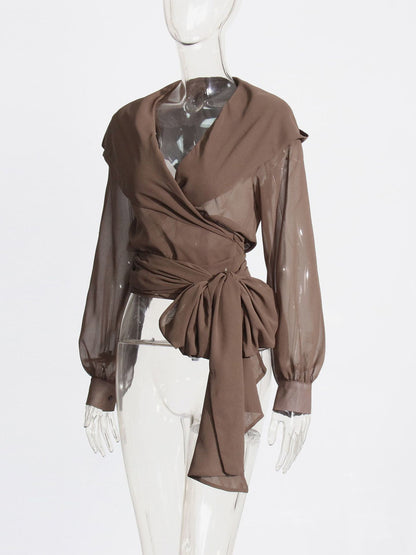 Sheer Hooded Chiffon Blouses For Women - Brown Sexy V Neck Lantern Sleeve Wrap Tops - Summer Rave Party 2026