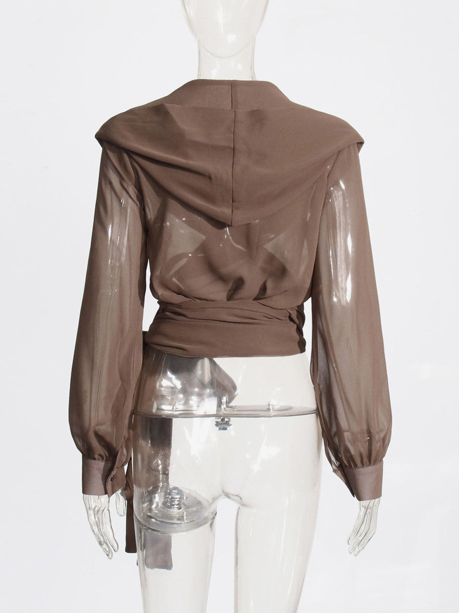 Sheer Hooded Chiffon Blouses For Women - Brown Sexy V Neck Lantern Sleeve Wrap Tops - Summer Rave Party 2026