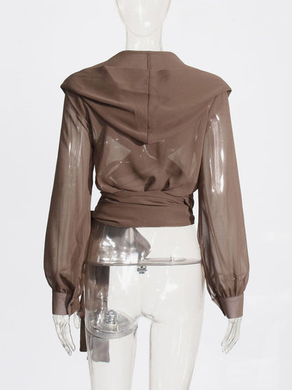 Sheer Hooded Chiffon Blouses For Women - Brown Sexy V Neck Lantern Sleeve Wrap Tops - Summer Rave Party 2026