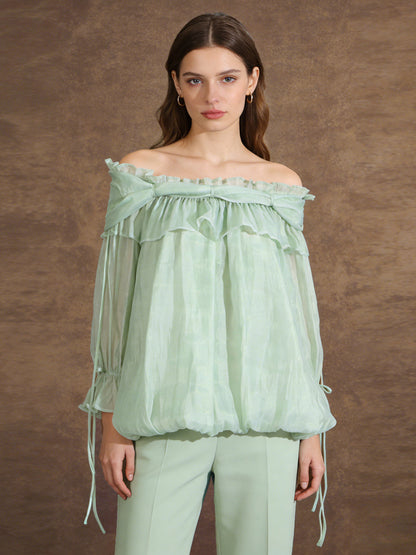 Off Shoulder Chiffon Blouses For Women - Fairycore Ruffle Bubble Hem Long Sleeves Tops - Summer Casual Party 2026