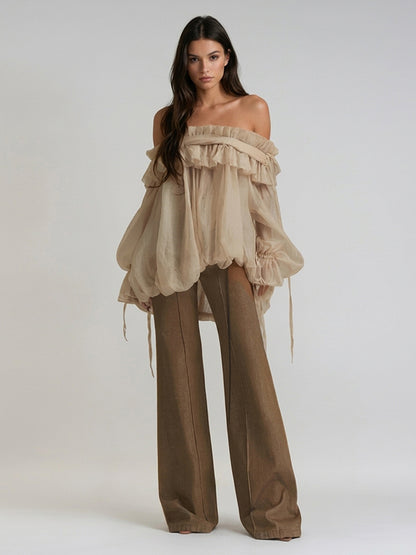 Off Shoulder Chiffon Blouses For Women - Fairycore Ruffle Bubble Hem Long Sleeves Tops - Summer Casual Party 2026