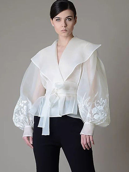 Embroidered Organza Blouses Puff Sleeve Tops For Women - Apricot Boho Tie Waist Sheer Wrap Shirt - Summer Garden Party 2026