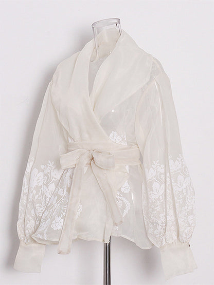 Embroidered Organza Blouses Puff Sleeve Tops For Women - Apricot Boho Tie Waist Sheer Wrap Shirt - Summer Garden Party 2026