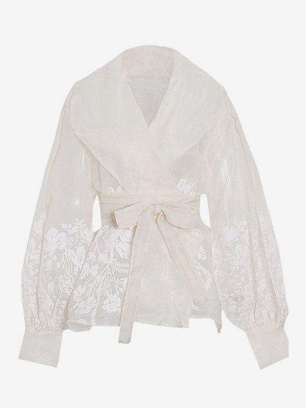 Embroidered Organza Blouses Puff Sleeve Tops For Women - Apricot Boho Tie Waist Sheer Wrap Shirt - Summer Garden Party 2026