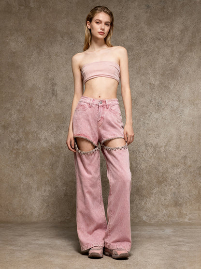 Cutout Rhinestone Pink Jeans For Women - High Waist Wide Leg Y2K Denim Pants - Summer Night Out Streetwear 2026