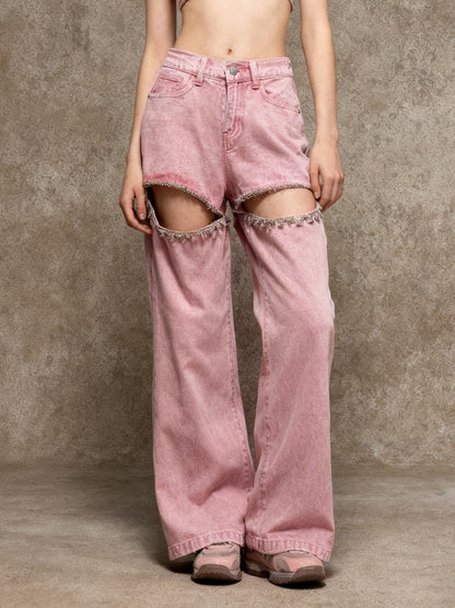 Cutout Rhinestone Pink Jeans For Women - High Waist Wide Leg Y2K Denim Pants - Summer Night Out Streetwear 2026