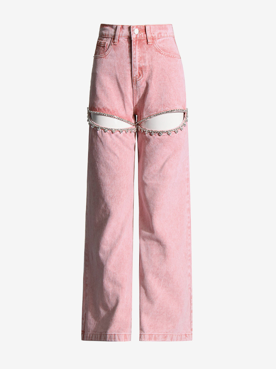 Cutout Rhinestone Pink Jeans For Women - High Waist Wide Leg Y2K Denim Pants - Summer Night Out Streetwear 2026