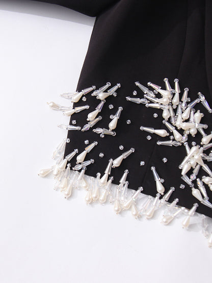 Beaded Tassel Blazer Jacket For Women - Fringe Cropped Shawl Lapel Black Party Coat - Spring Evening 2026