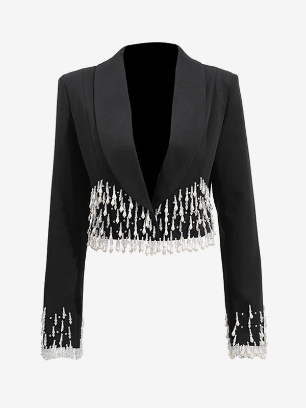 Beaded Tassel Blazer Jacket For Women - Fringe Cropped Shawl Lapel Black Party Coat - Spring Evening 2026
