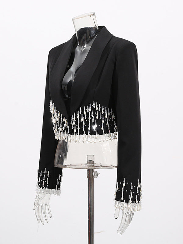 Beaded Tassel Blazer Jacket For Women - Fringe Cropped Shawl Lapel Black Party Coat - Spring Evening 2026
