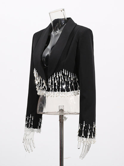 Beaded Tassel Blazer Jacket For Women - Fringe Cropped Shawl Lapel Black Party Coat - Spring Evening 2026