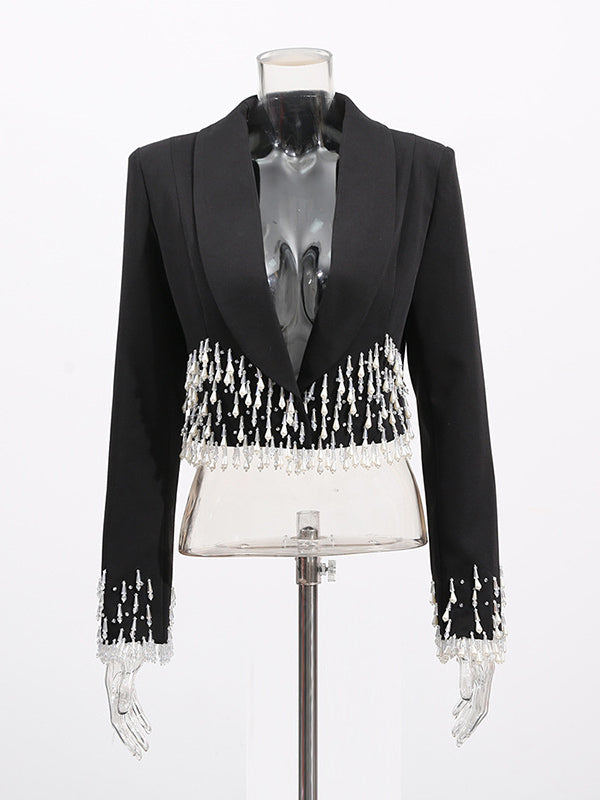 Beaded Tassel Blazer Jacket For Women - Fringe Cropped Shawl Lapel Black Party Coat - Spring Evening 2026