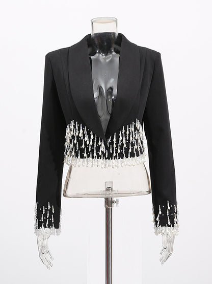 Beaded Tassel Blazer Jacket For Women - Fringe Cropped Shawl Lapel Black Party Coat - Spring Evening 2026