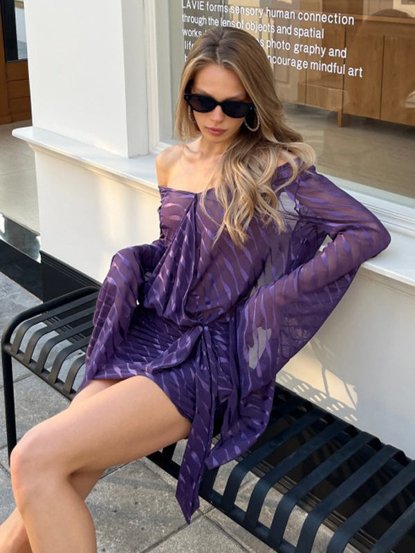 Backless Sheer Mini Dress For Women - Sexy V Neck Tie Front Long Sleeves Ruched Bodycon - Summer Night Out Club Party 2026