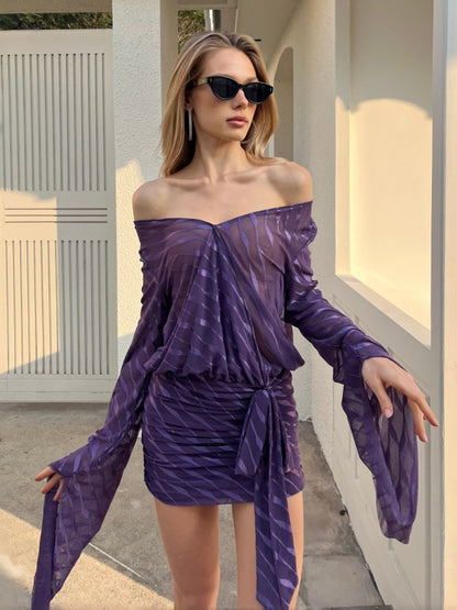 Backless Sheer Mini Dress For Women - Sexy V Neck Tie Front Long Sleeves Ruched Bodycon - Summer Night Out Club Party 2026