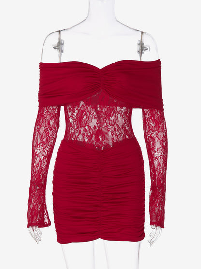 Lace Patchwork Bodycon Dress For Women - Off Shoulder Long Sleeve Ruched Sexy Mini Gown - Spring Night Out Clubwear 2026
