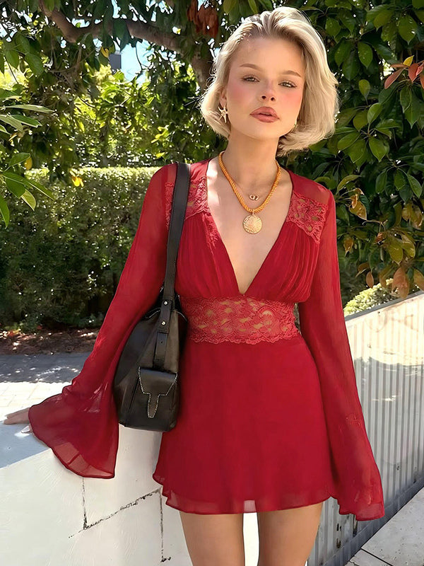 Lace Patchwork Mini Dress For Women - Deep V Neck Flare Sleeve Empire Waist Short Sundress - Spring Beach Date Night 2026