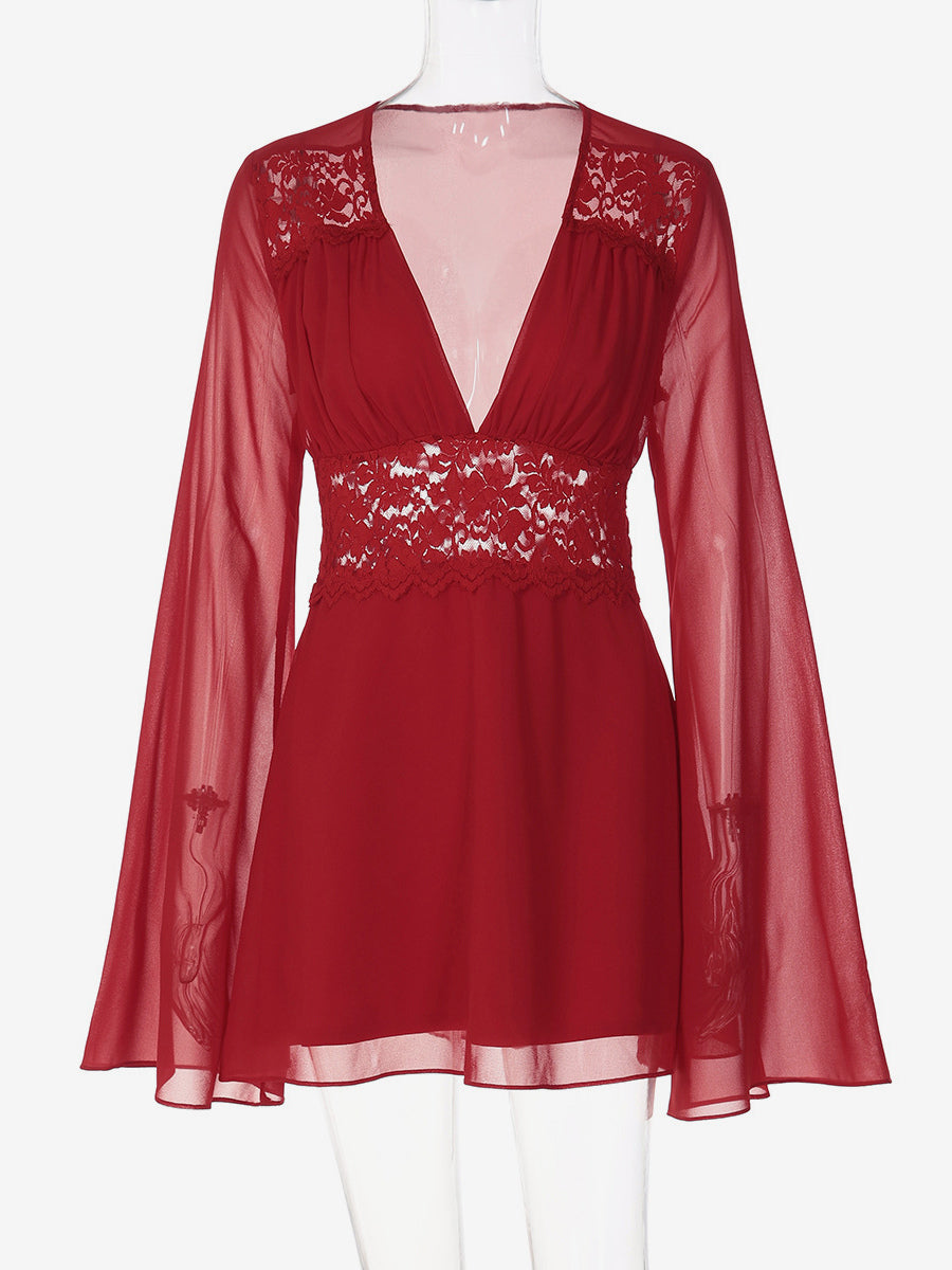 Lace Patchwork Mini Dress For Women - Deep V Neck Flare Sleeve Empire Waist Short Sundress - Spring Beach Date Night 2026
