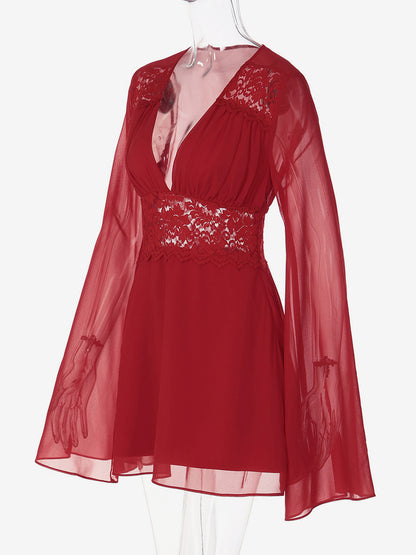 Lace Patchwork Mini Dress For Women - Deep V Neck Flare Sleeve Empire Waist Short Sundress - Spring Beach Date Night 2026
