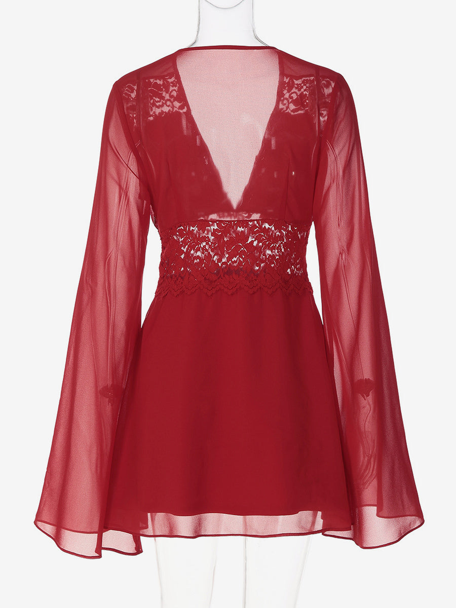 Lace Patchwork Mini Dress For Women - Deep V Neck Flare Sleeve Empire Waist Short Sundress - Spring Beach Date Night 2026