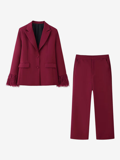 Feather Cuff 2 Piece Suit Set For Women - Red Elegant Blazer And Straight Leg Pants Co-ord- Spring Business Party Outfit 2026