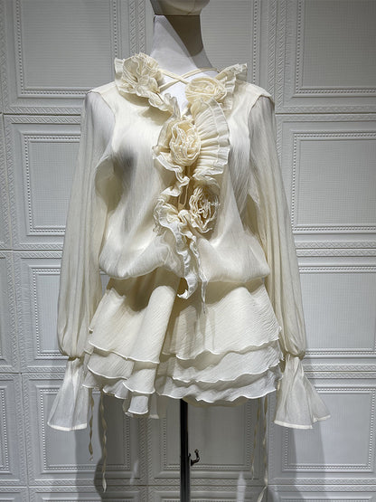 Ruffle Layered Mini Dress For Women - Boho Lantern Sleeve Flower V Neck Skater Dress With Shorts - Spring Party 2026
