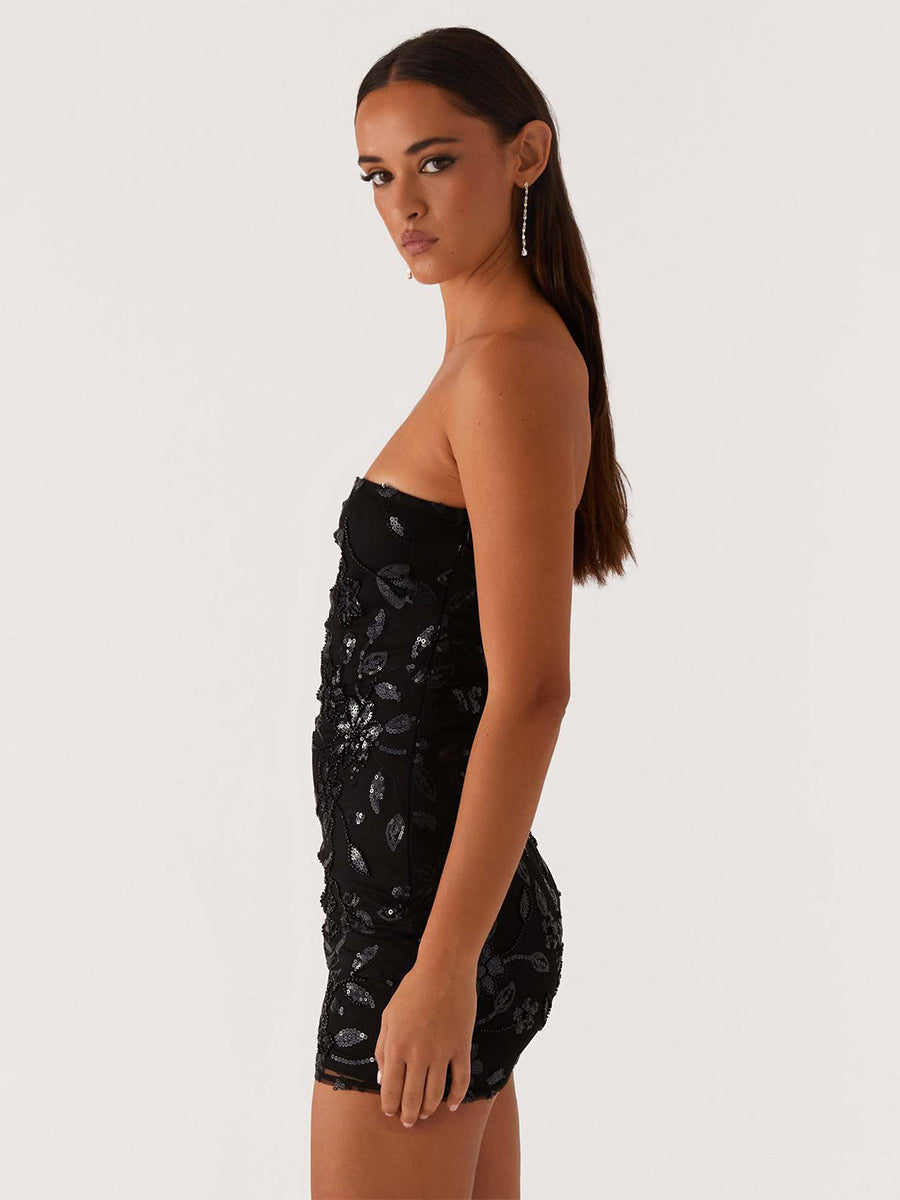 Sequin Floral Strapless Mini Dress For Women - Elegant Bodycon Slim Fit Tube Dress - Summer Cocktail Night Out 2026