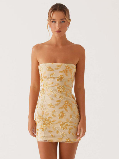 Sequin Floral Strapless Mini Dress For Women - Elegant Bodycon Slim Fit Tube Dress - Summer Cocktail Night Out 2026