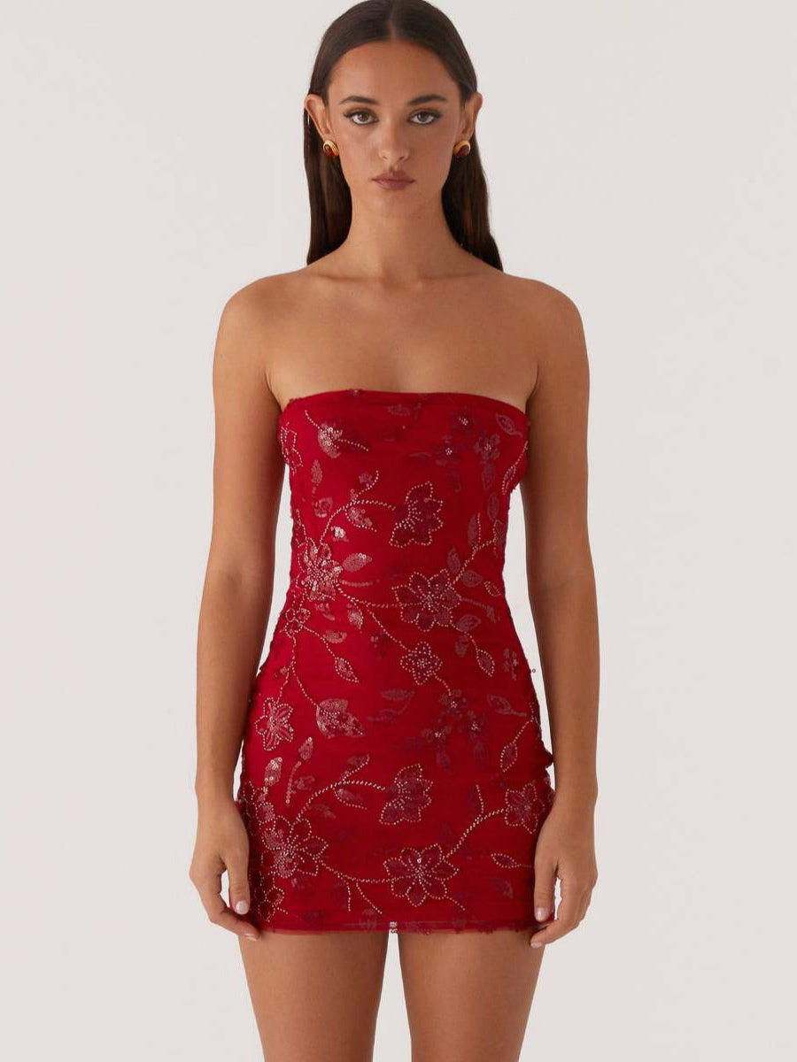 Sequin Floral Strapless Mini Dress For Women - Elegant Bodycon Slim Fit Tube Dress - Summer Cocktail Night Out 2026