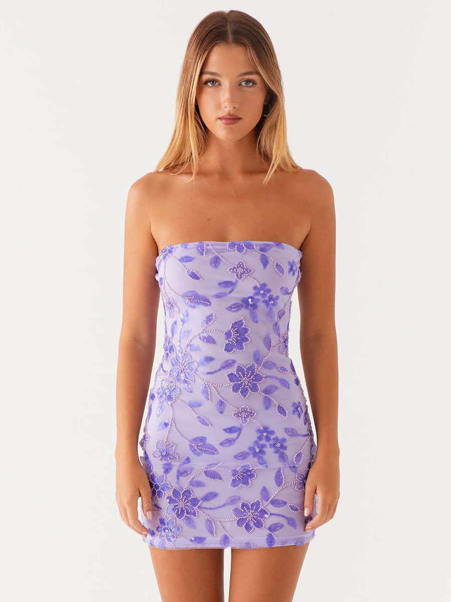 Sequin Floral Strapless Mini Dress For Women - Elegant Bodycon Slim Fit Tube Dress - Summer Cocktail Night Out 2026