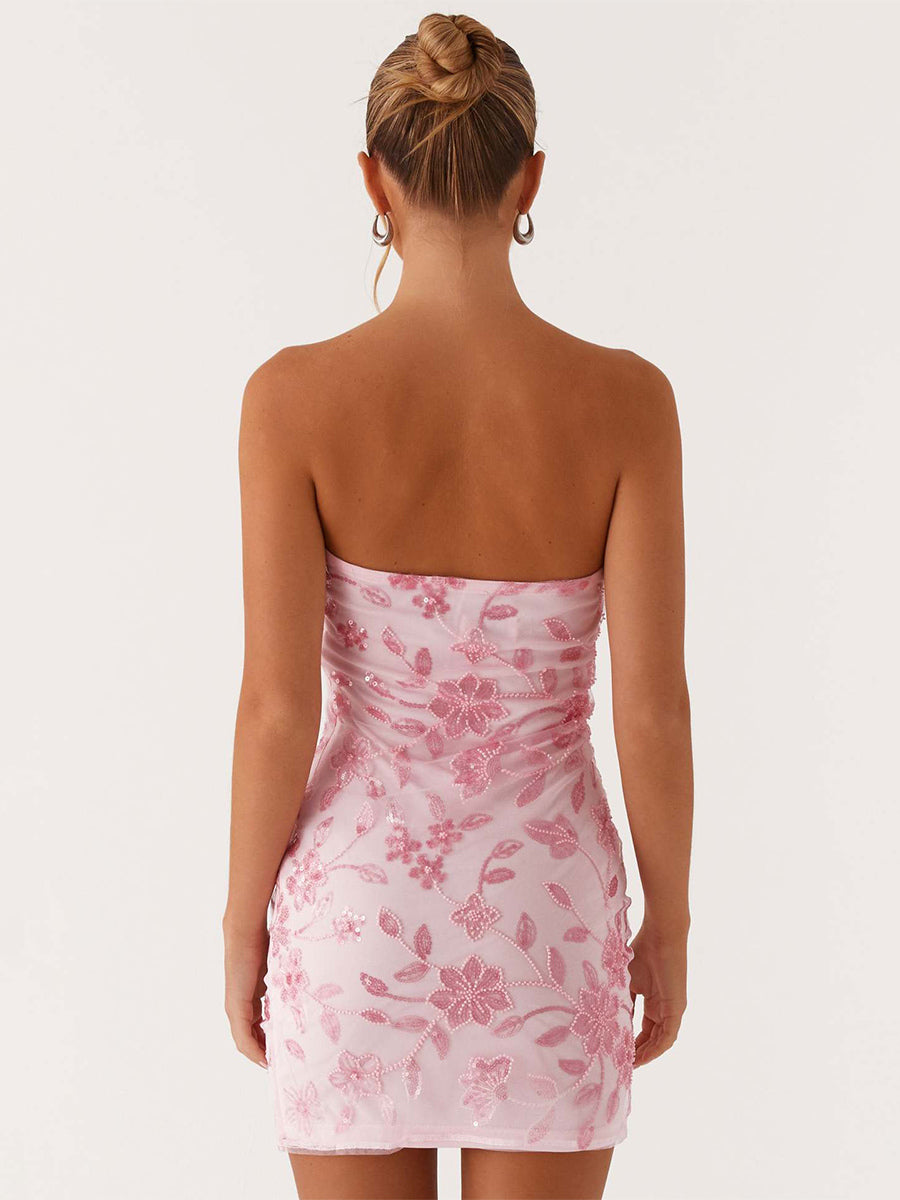 Sequin Floral Strapless Mini Dress For Women - Elegant Bodycon Slim Fit Tube Dress - Summer Cocktail Night Out 2026
