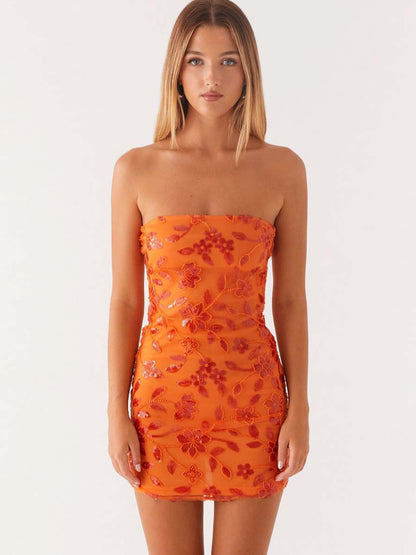 Sequin Floral Strapless Mini Dress For Women - Elegant Bodycon Slim Fit Tube Dress - Summer Cocktail Night Out 2026