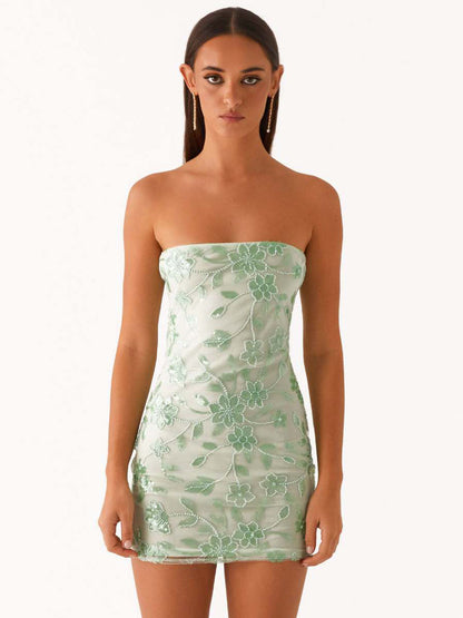 Sequin Floral Strapless Mini Dress For Women - Elegant Bodycon Slim Fit Tube Dress - Summer Cocktail Night Out 2026