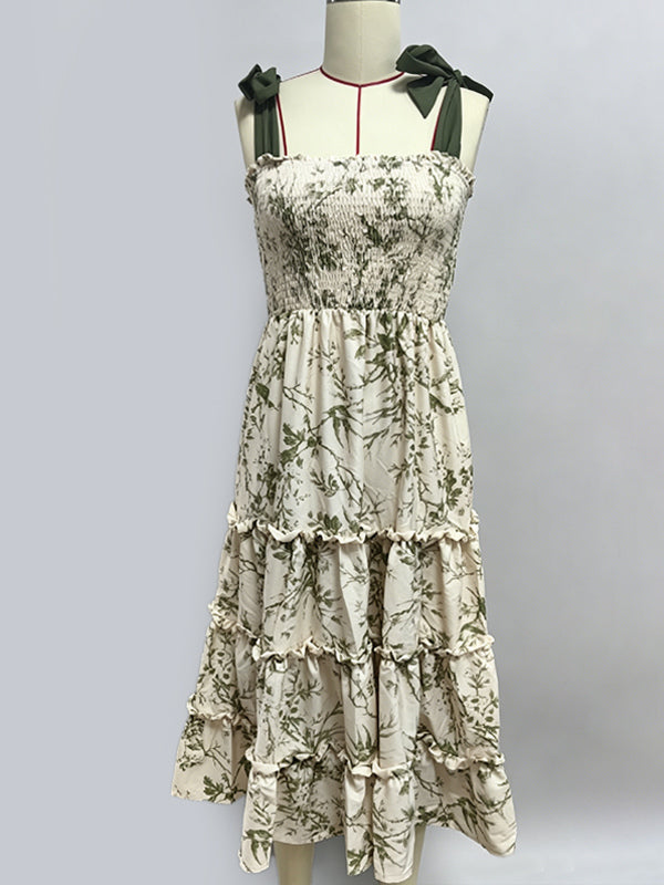 Floral Smocked Midi Dress For Women - Sage Green Boho Tie Shoulder Tiered Ruffle A-Line Sun Dress - Summer Beach Vacation 2026