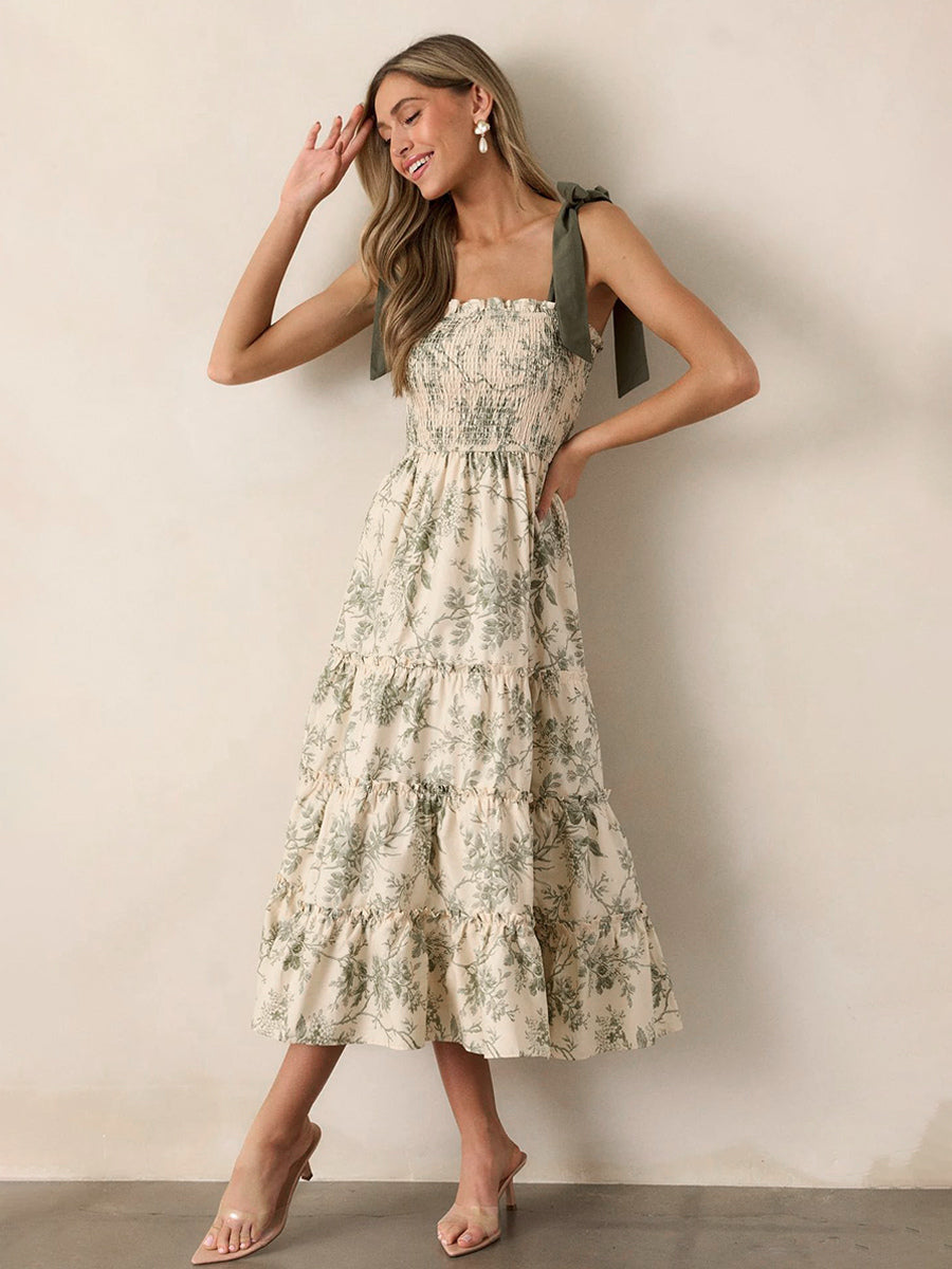 Floral Smocked Midi Dress For Women - Sage Green Boho Tie Shoulder Tiered Ruffle A-Line Sun Dress - Summer Beach Vacation 2026