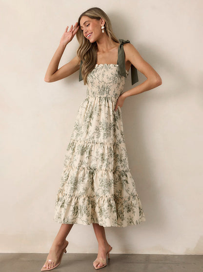 Floral Smocked Midi Dress For Women - Sage Green Boho Tie Shoulder Tiered Ruffle A-Line Sun Dress - Summer Beach Vacation 2026