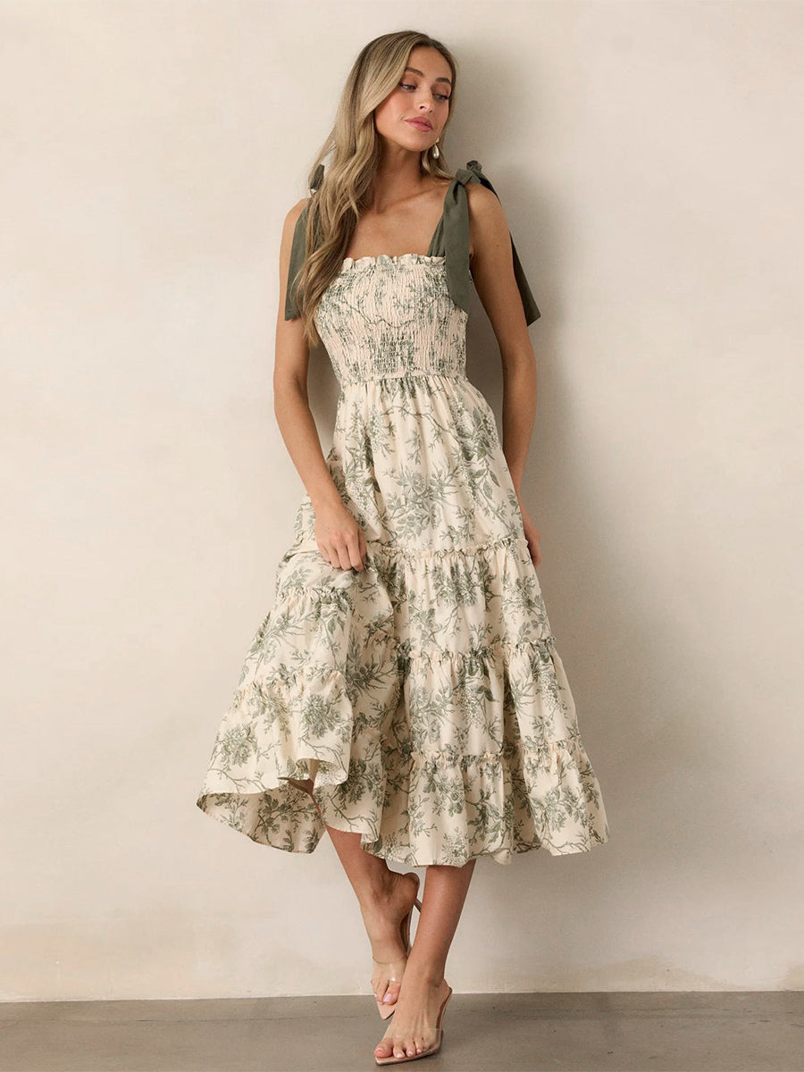 Floral Smocked Midi Dress For Women - Sage Green Boho Tie Shoulder Tiered Ruffle A-Line Sun Dress - Summer Beach Vacation 2026